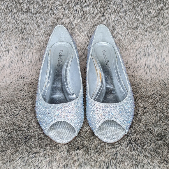 David's Bridal Peep Toe Low Wedge Silver AJUSTIN10 Women's 7 - Picture 3 of 11